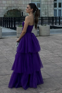 Grape Tulle A-Line Sweetheart Strapless Tiered Party Prom Dress