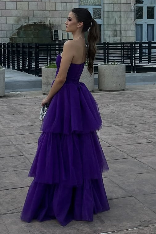 Grape Tulle A-Line Sweetheart Strapless Tiered Party Prom Dress