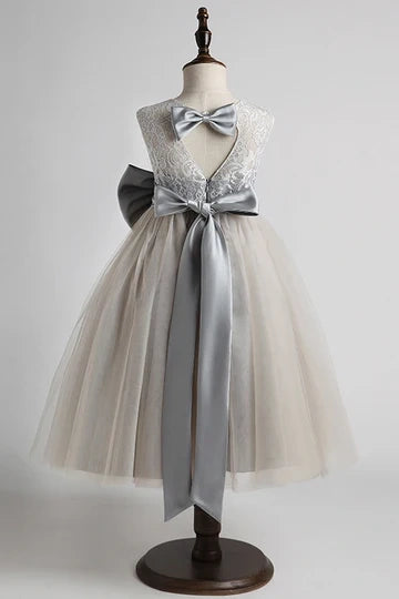Gray A-Line Lace And Tulle Flower Girl Dress With Bows