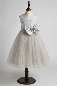 Gray A-Line Lace And Tulle Flower Girl Dress With Bows
