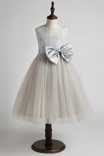 Gray A-Line Lace And Tulle Flower Girl Dress With Bows