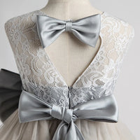 Gray A-Line Lace And Tulle Flower Girl Dress With Bows