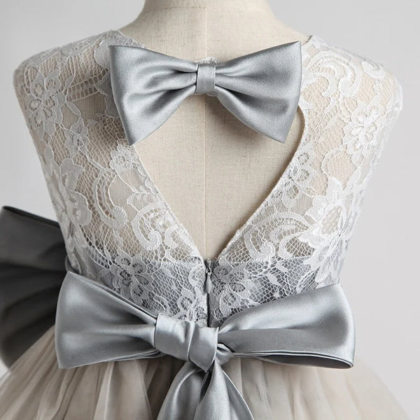 Gray A-Line Lace And Tulle Flower Girl Dress With Bows
