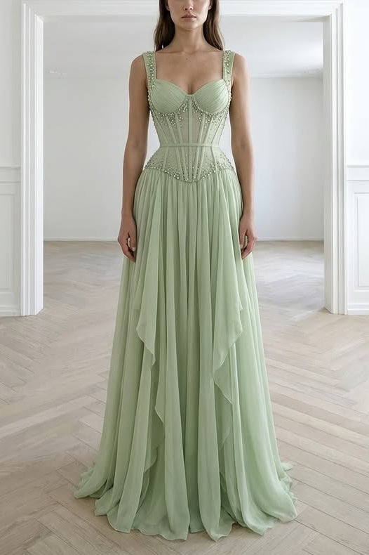 Green A-Line Beaded Top Sweetheart Straps Tiered Prom Dress