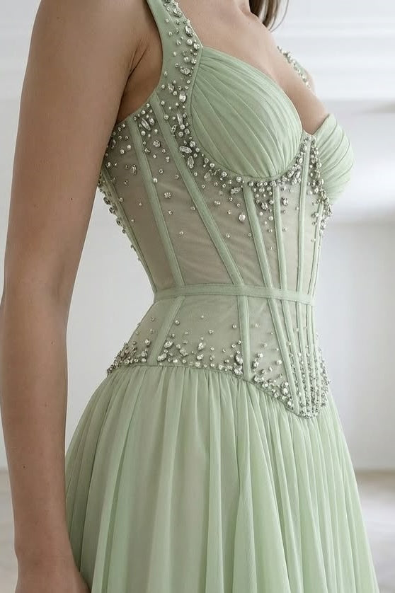 Green A-Line Beaded Top Sweetheart Straps Tiered Prom Dress