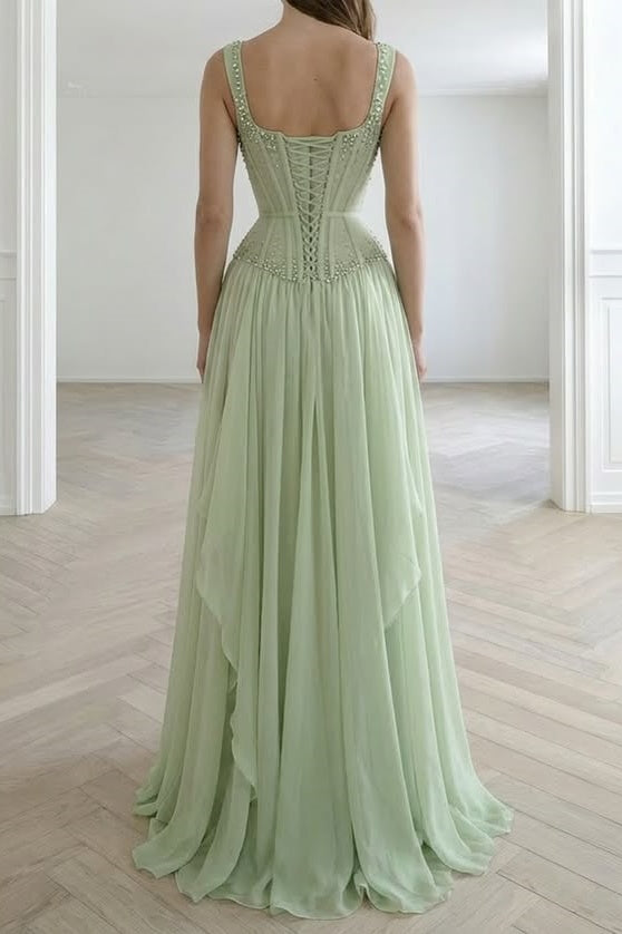 Green A-Line Beaded Top Sweetheart Straps Tiered Prom Dress