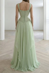 Green A-Line Beaded Top Sweetheart Straps Tiered Prom Dress