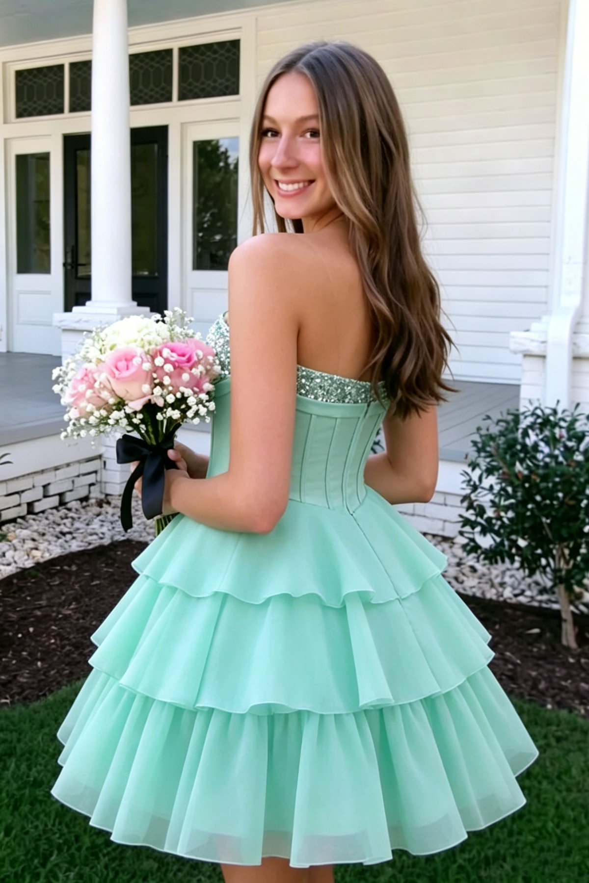 Green Chiffon A-Line Sequin Strapless Ruffle Homecoming Dress