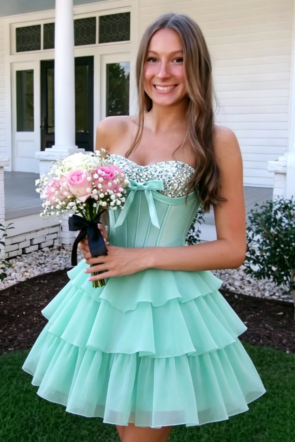 Green Chiffon A-Line Sequin Strapless Ruffle Homecoming Dress