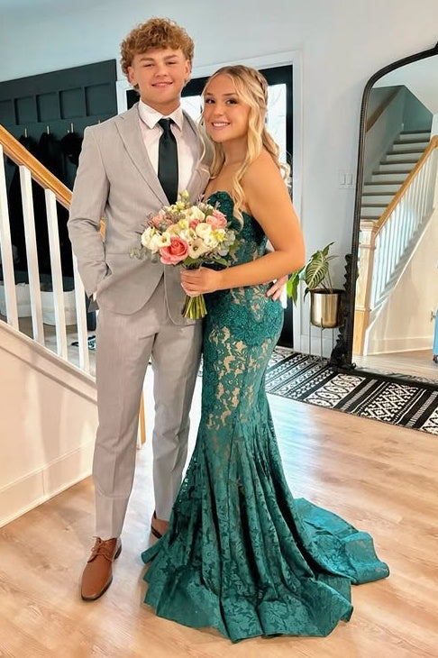 Green Lace Mermaid V-Neck Strapless Empire Party Prom Dress