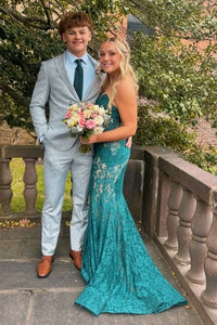 Green Lace Mermaid V-Neck Strapless Empire Party Prom Dress