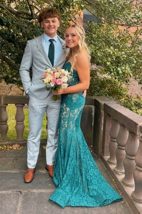 Green Lace Mermaid V-Neck Strapless Empire Party Prom Dress