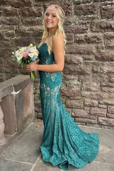 Green Lace Mermaid V-Neck Strapless Empire Party Prom Dress