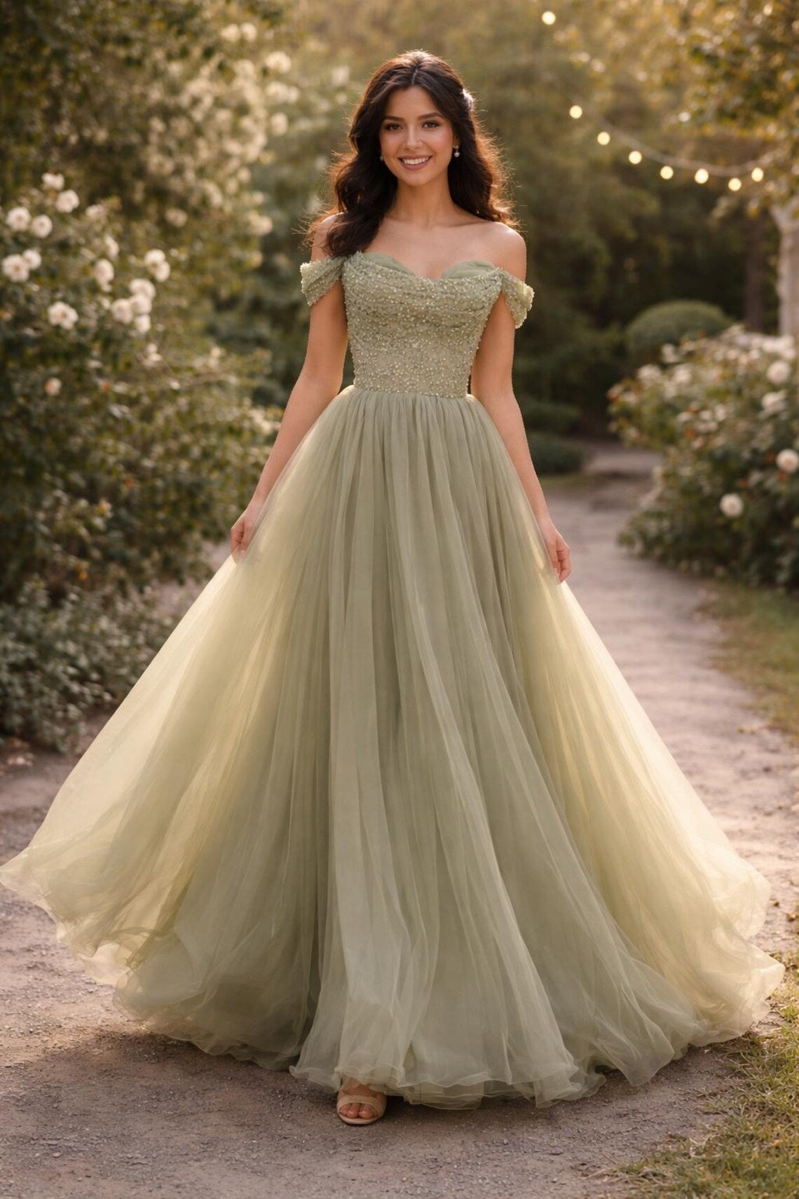 Green Off-Shoulder Sequin Top Tulle A-Line Party Prom Dress
