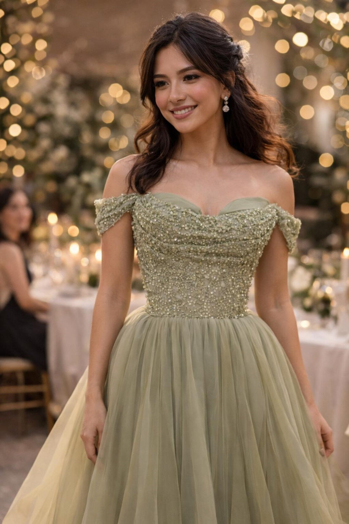 Green Off-Shoulder Sequin Top Tulle A-Line Party Prom Dress
