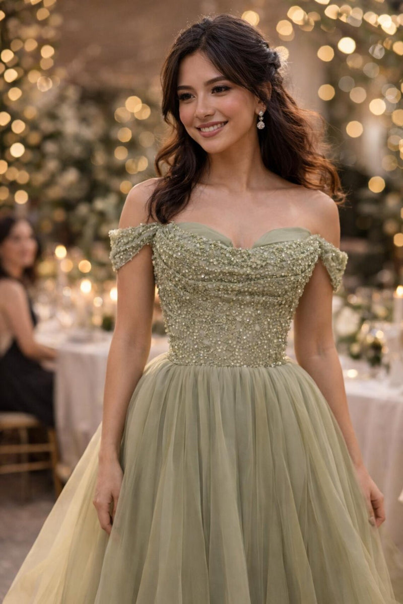 Green Off-Shoulder Sequin Top Tulle A-Line Party Prom Dress
