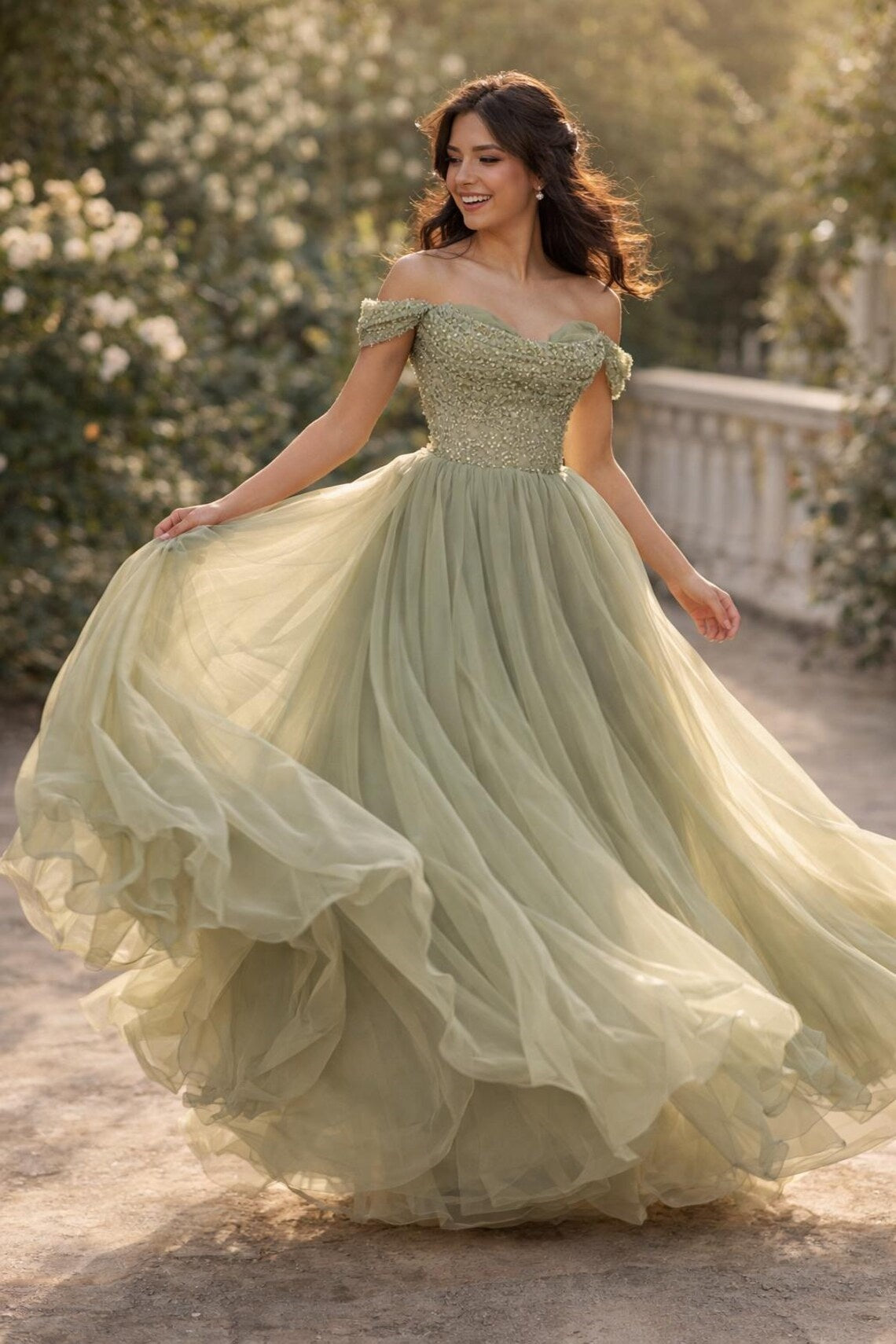 Green Off-Shoulder Sequin Top Tulle A-Line Party Prom Dress