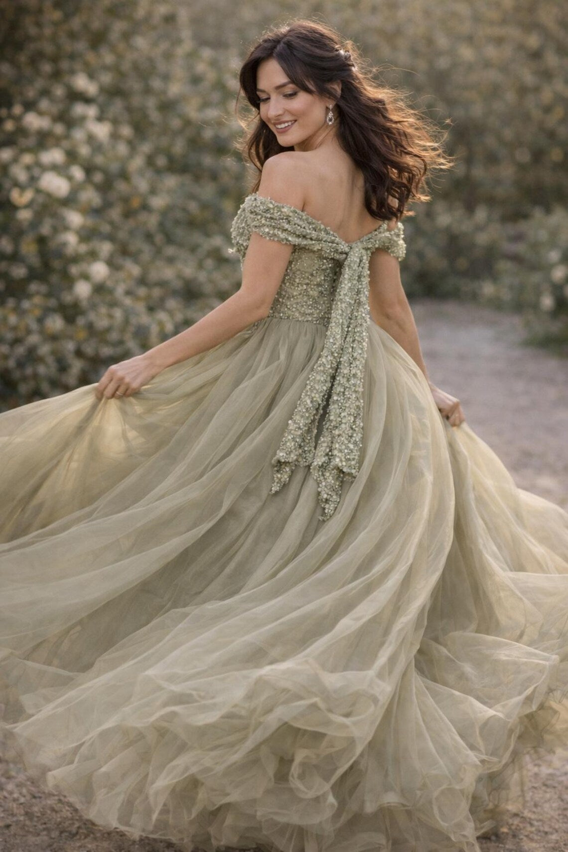 Green Off-Shoulder Sequin Top Tulle A-Line Party Prom Dress
