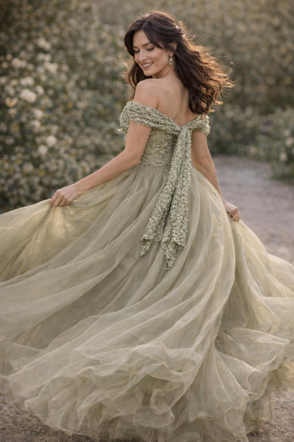 Green Off-Shoulder Sequin Top Tulle A-Line Party Prom Dress