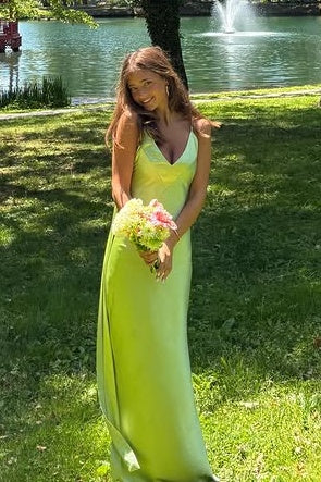 Green Satin Sheath V-Neck Sleeveless Long Summer Party Prom Dress
