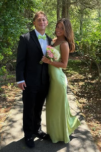 Green Satin Sheath V-Neck Sleeveless Long Summer Party Prom Dress