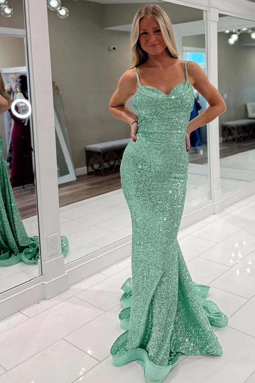 Green Spaghetti Straps Backless Mermaid Sequin Party Prom Dress