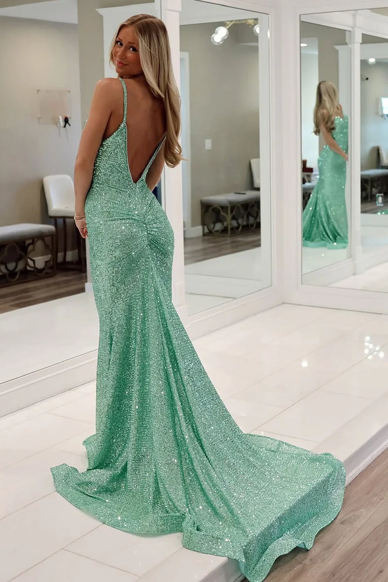Green Spaghetti Straps Backless Mermaid Sequin Party Prom Dress