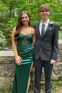 Green Spaghetti Straps Lace Top Satin Mermaid Party Prom Dress