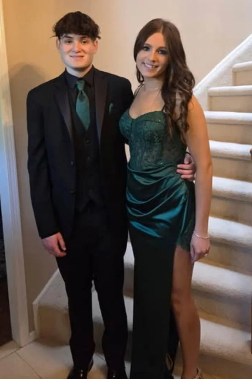 Green Spaghetti Straps Lace Top Satin Mermaid Party Prom Dress