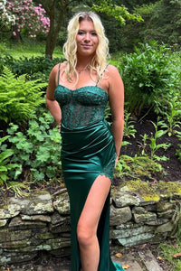 Green Spaghetti Straps Lace Top Satin Mermaid Party Prom Dress