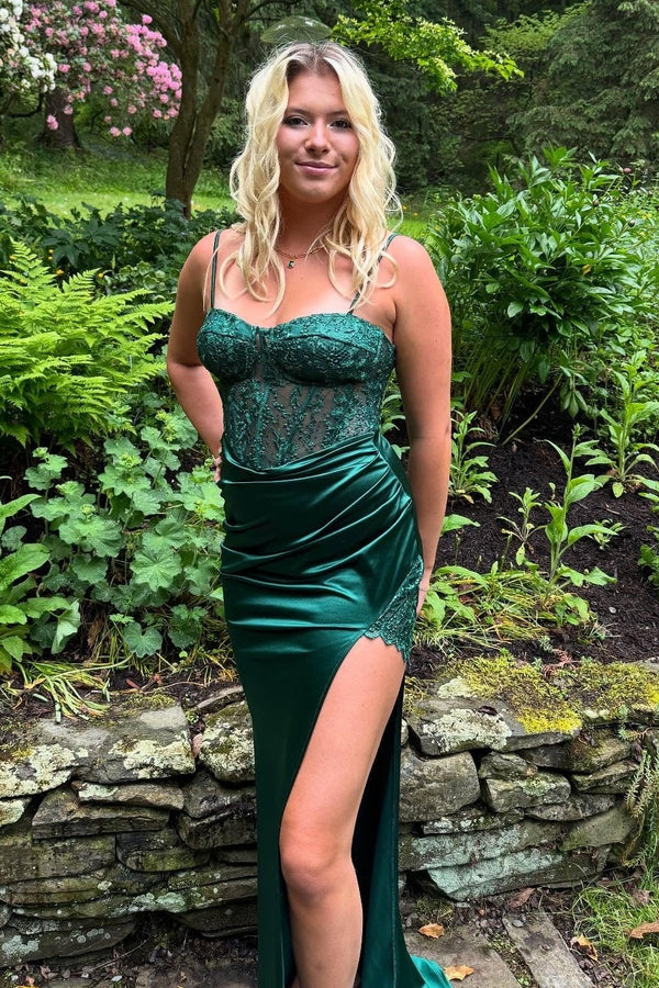 Green Spaghetti Straps Lace Top Satin Mermaid Party Prom Dress
