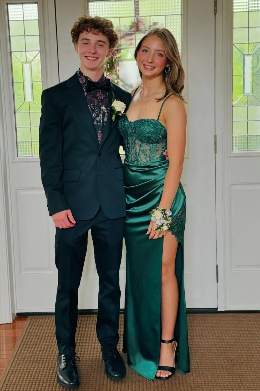 Green Spaghetti Straps Lace Top Satin Mermaid Party Prom Dress