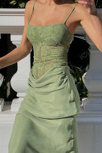 Green Square Sleeveless Two Tone Fitted Party Evening Dress