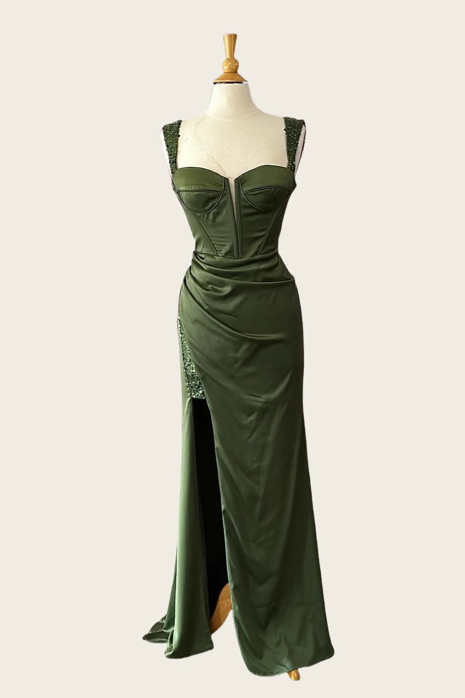 Green Sweetheart Straps Empire Satin Party Prom Dress With Split