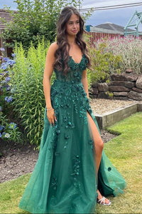Green Tulle A-Line Lace Appliques V-Neck Party Prom Dress