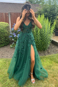 Green Tulle A-Line Lace Appliques V-Neck Party Prom Dress