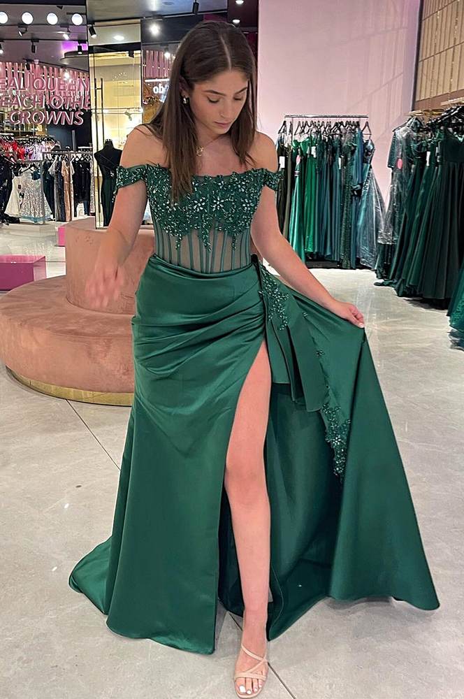 Fancyvestido Emerald Green Off the-shoulder Satin Dress with slit