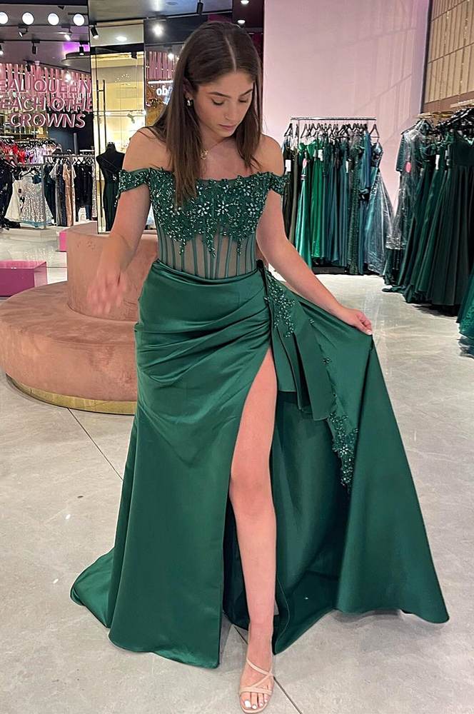 slim fit dress slacks Elegant Emerald Green Off the-Shoulder Satin Dress with slit – FancyVestido