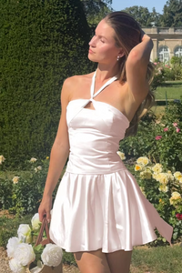 Halter Sleeveless A-Line Satin Mini Party Homecoming Dress
