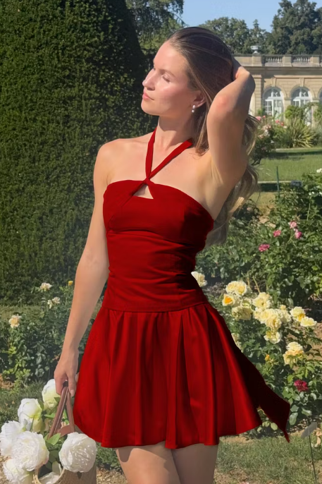Halter Sleeveless A-Line Satin Mini Party Homecoming Dress