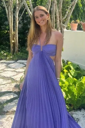 Halter Sleeveless Open Back A-Line Pleated Satin Party Prom Dress