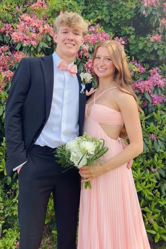 Halter Sleeveless Open Back A-Line Pleated Satin Party Prom Dress