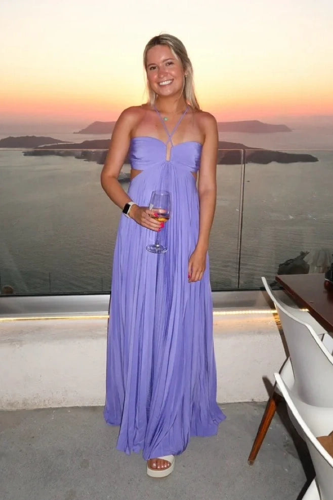 Halter Sleeveless Open Back A-Line Pleated Satin Party Prom Dress