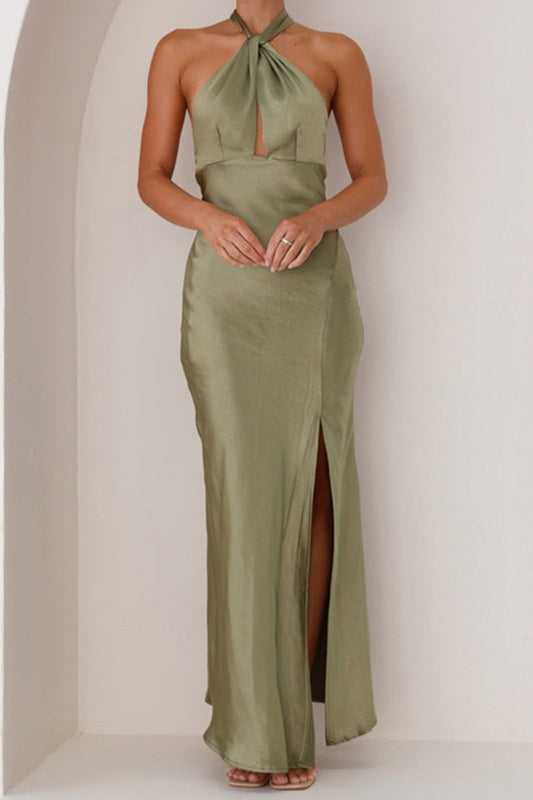 Halter Sleeveless Open Back Satin Sheath Split Bridesmaid Dress