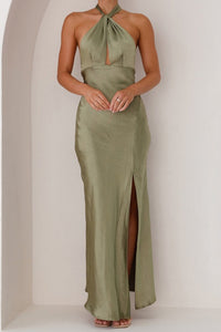 Halter Sleeveless Open Back Satin Sheath Split Bridesmaid Dress