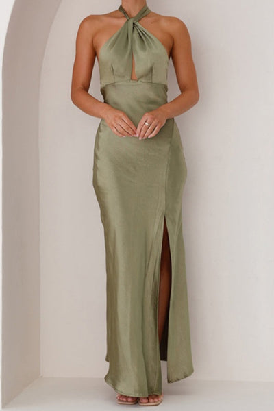 Halter Sleeveless Open Back Satin Sheath Split Bridesmaid Dress