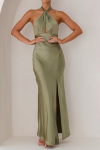 Halter Sleeveless Open Back Satin Sheath Split Bridesmaid Dress
