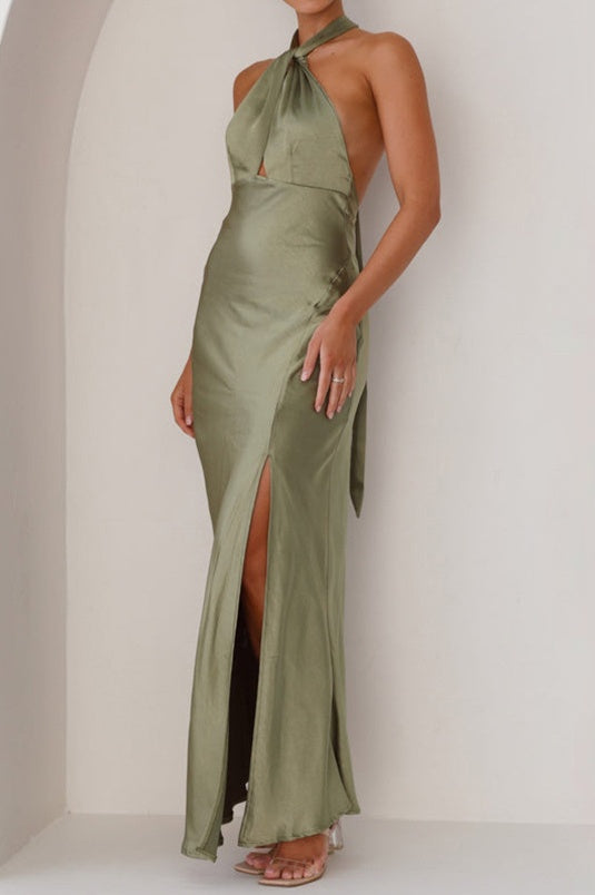 Halter Sleeveless Open Back Satin Sheath Split Bridesmaid Dress