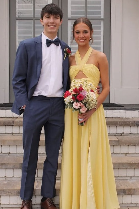 Halter Sleeveless Satin A-Line Maxi Party Prom Dress With Leg Slit