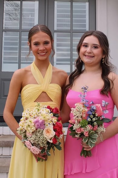 Halter Sleeveless Satin A-Line Maxi Party Prom Dress With Leg Slit